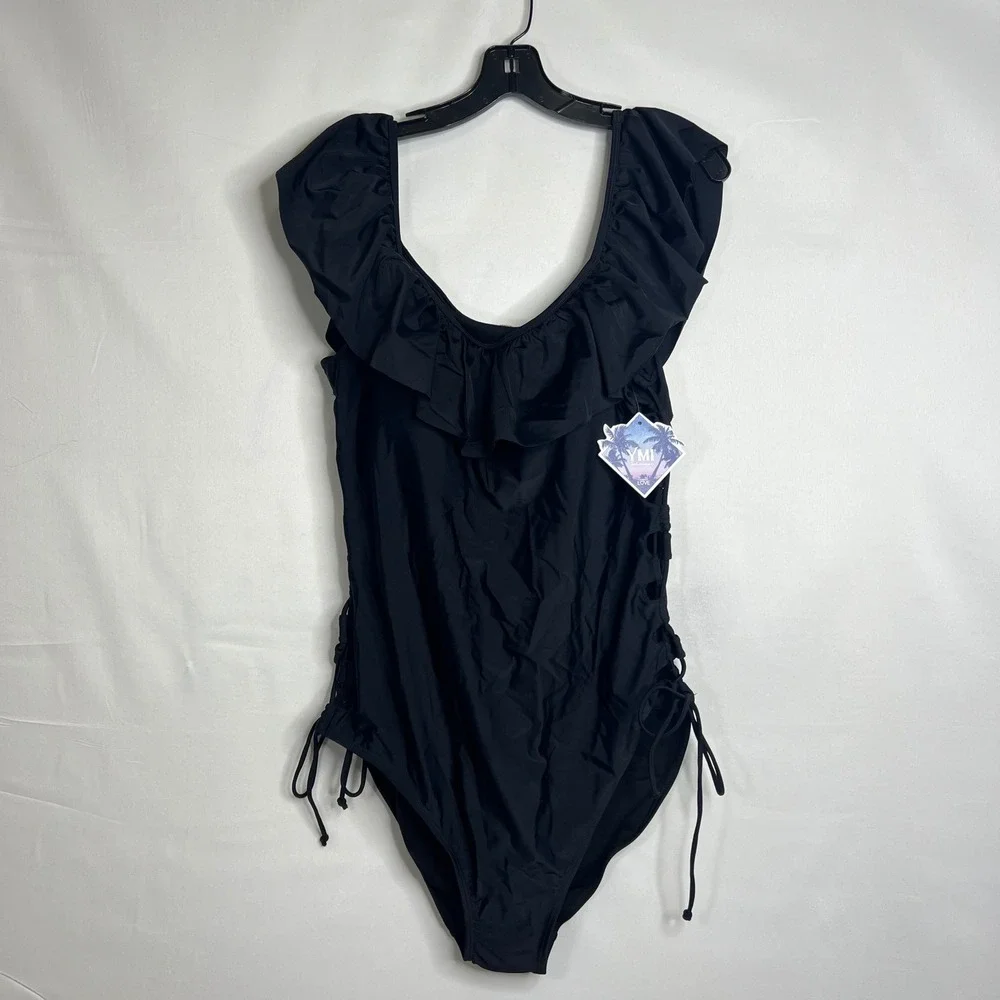 NEW Lace Up Black One Piece Swimsuit Womens 3X Ruffle Sexy Plus Size‎ Beachwear